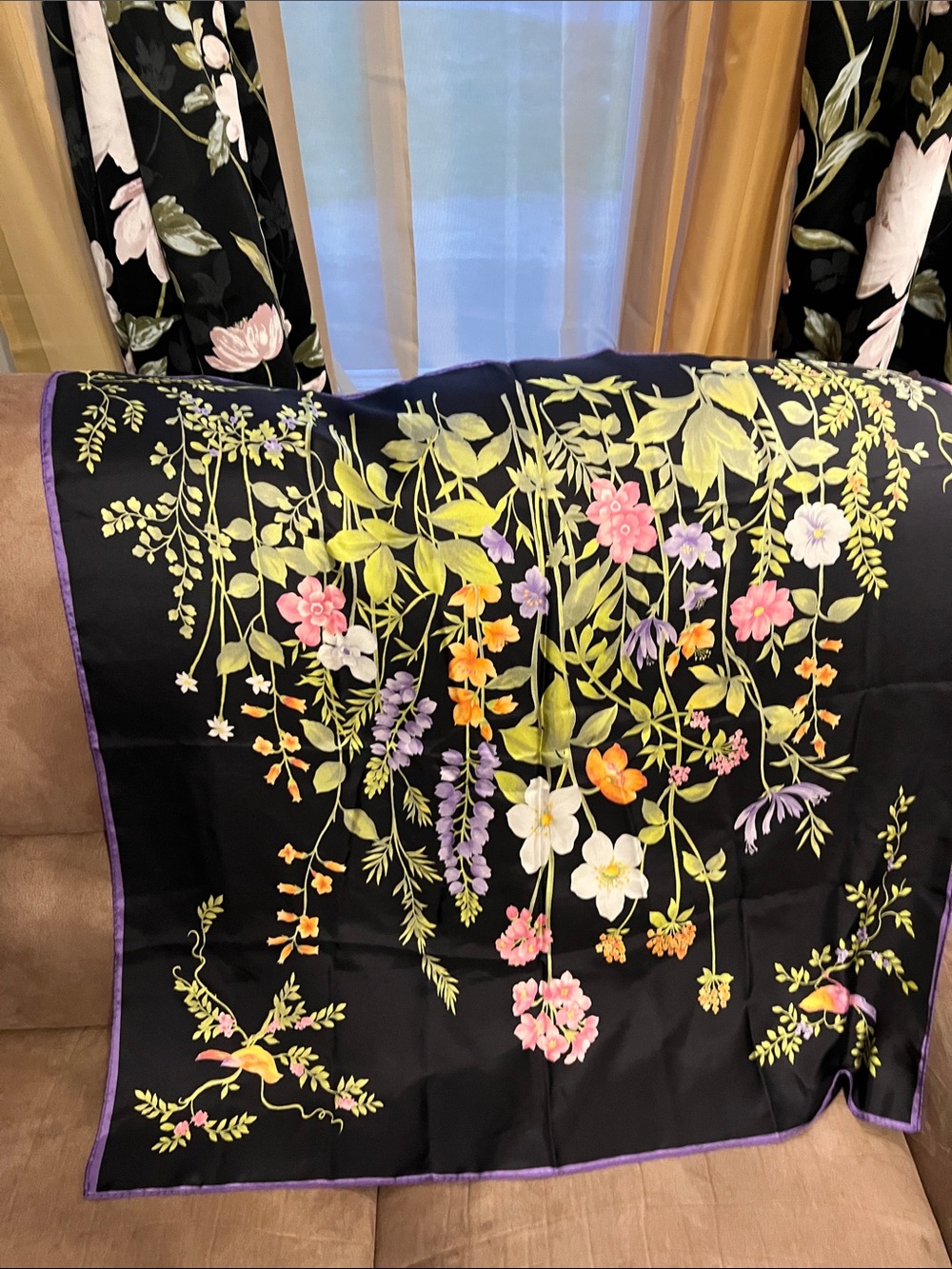 Black Floral Silk Scarf with Purple Edge